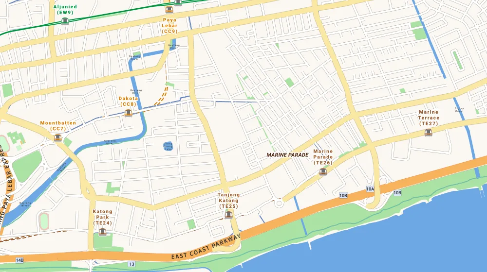 Map of the area around Haig 162 in East Coast, showing 400 m and 1 km rings and 2 primary schools within 1 km