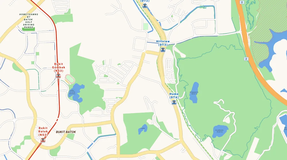 Map of the area around Hillview Green in Upper Bukit Timah, showing 400 m and 1 km rings and 2 supermarkets within 1 km
