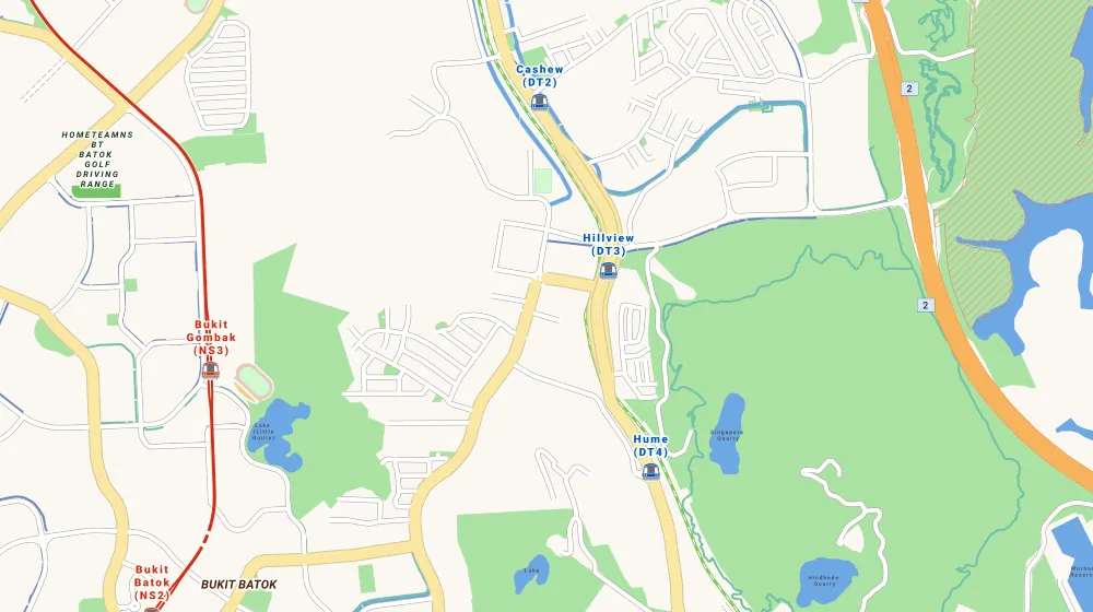 Map of the area around Hillview Heights in Bukit Batok, showing 400 m and 1 km rings and 1 primary school within 1 km