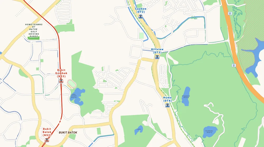 Map of the area around Hillvista in Bukit Batok, showing 400 m and 1 km rings and 1 primary school within 1 km