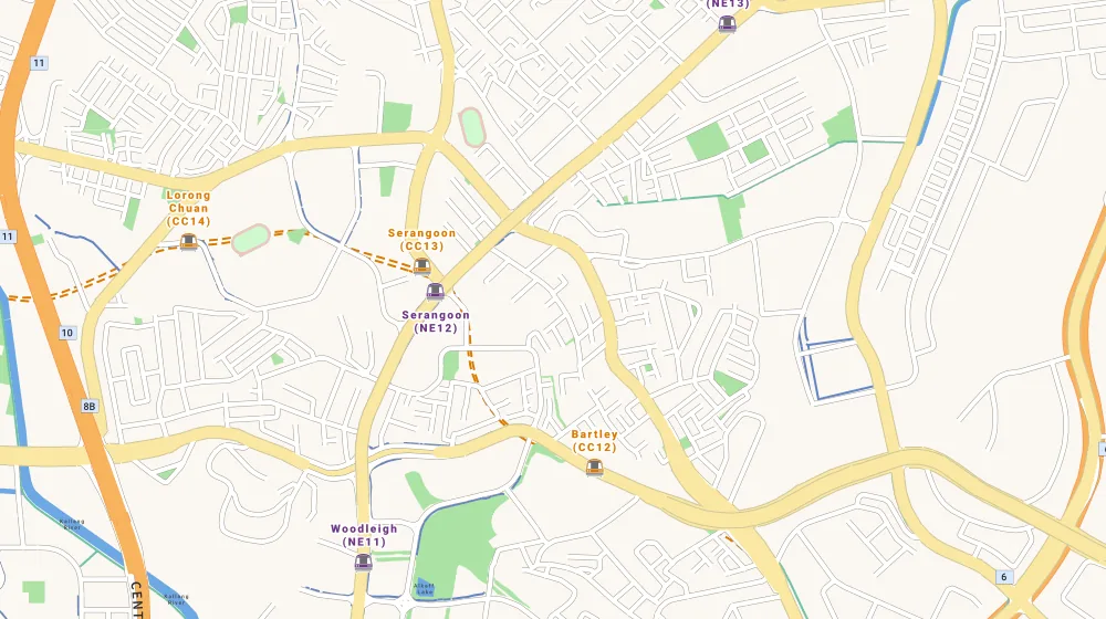 Map of the area around Jade Residences in Serangoon, showing 400 m and 1 km rings and 1 primary school within 1 km