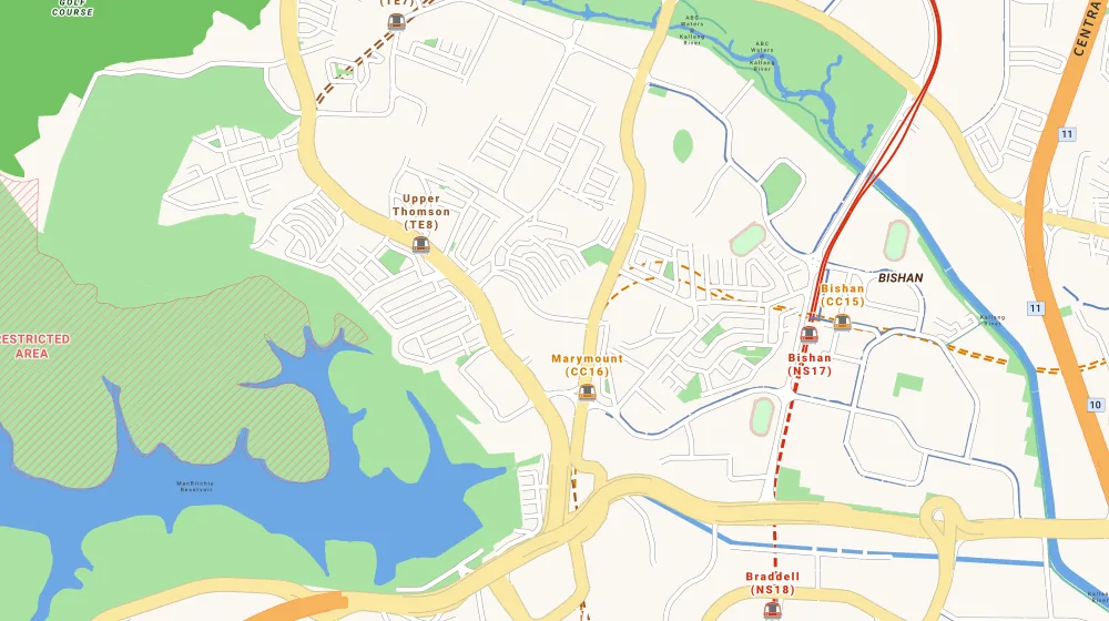 Map of the area around Jadescape in Bishan, showing 400 m and 1 km rings and 1 hawker centre within 1 km