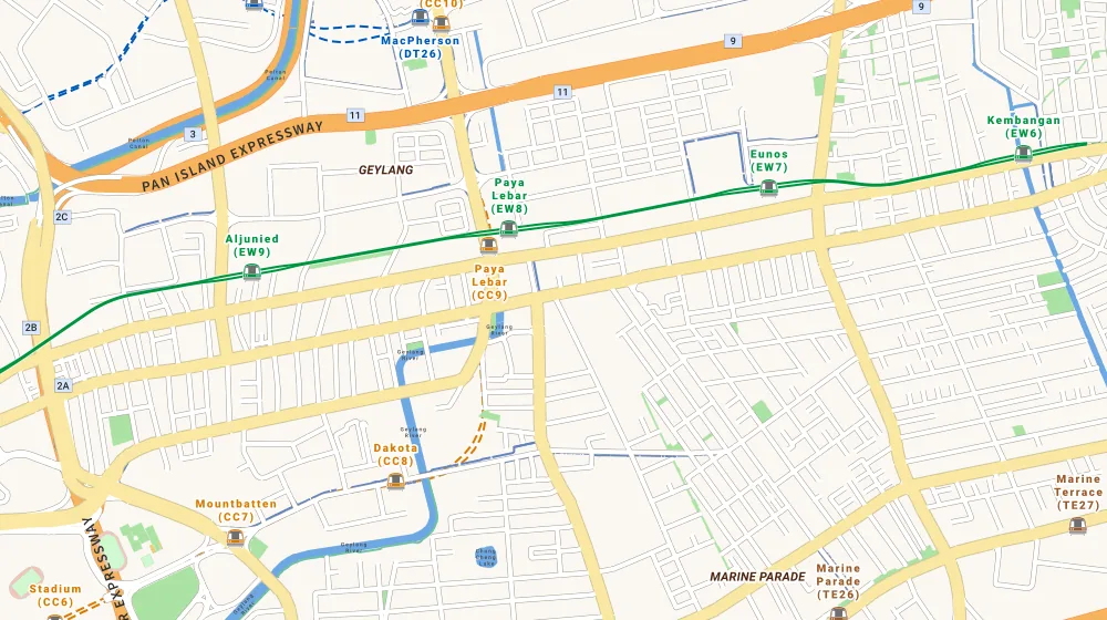 Map of the area around Katong Regency in East Coast, showing 400 m and 1 km rings and 2 primary schools within 1 km