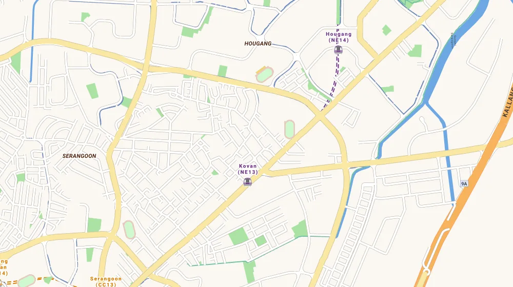 Map of the area around Kovan Regency in Serangoon, showing 400 m and 1 km rings and 2 primary schools within 1 km