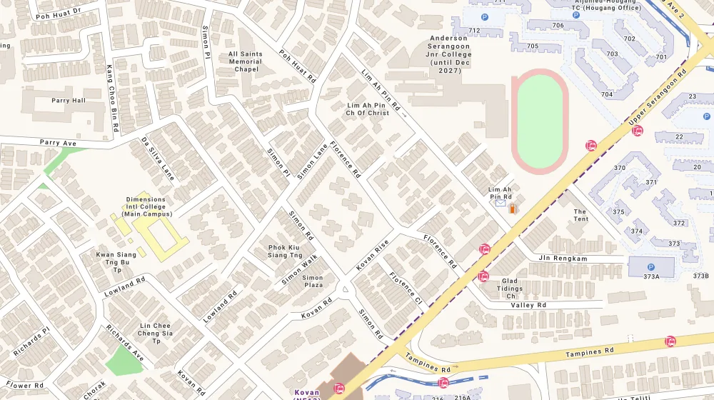 Location map of Kovan Regency, a condominium in Serangoon, Singapore, with the nearest condos numbered
