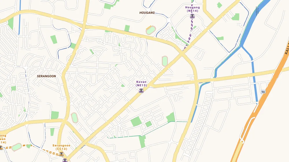 Map of the area around Kovan Residences in Serangoon, showing 400 m and 1 km rings and 1 primary school within 1 km