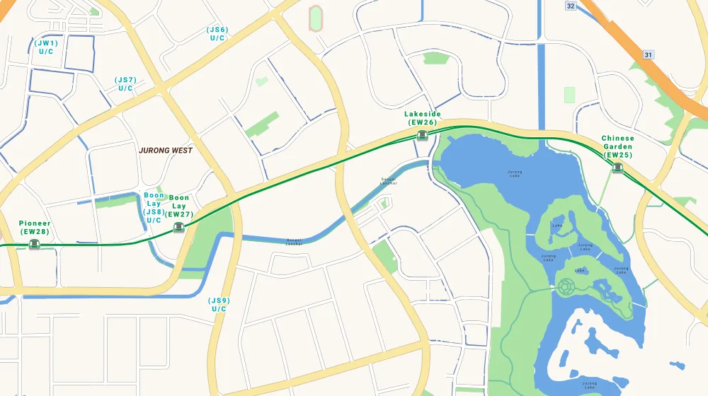 Map of the area around Lakepoint Condominium in Jurong, showing 400 m and 1 km rings and 4 primary schools within 1 km