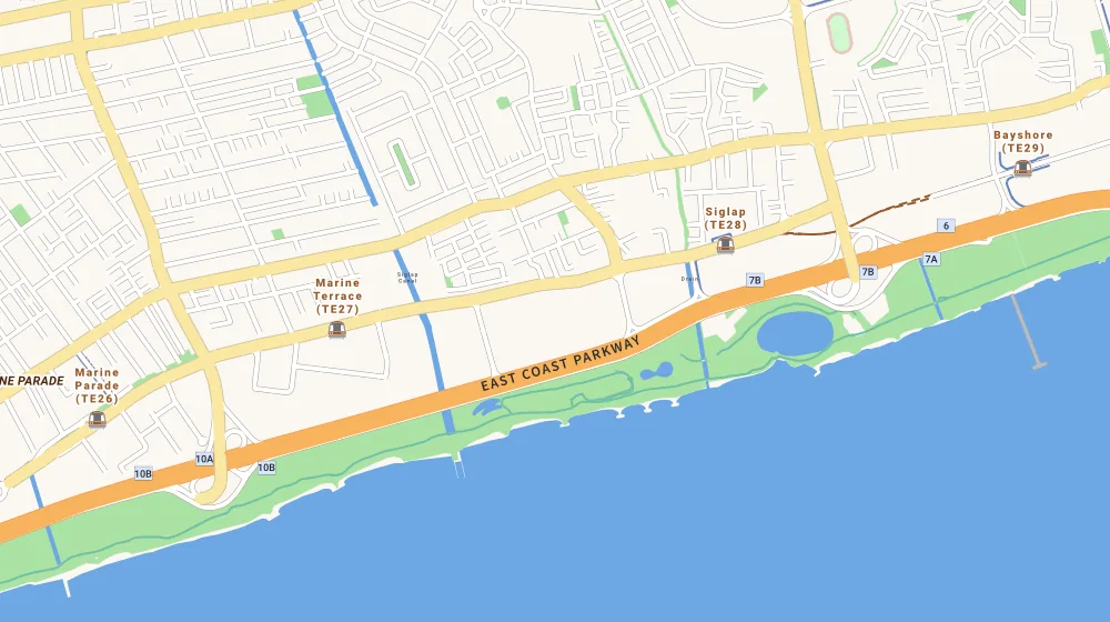 Map of the area around Mandarin Gardens in East Coast, showing 400 m and 1 km rings and 1 primary school within 1 km