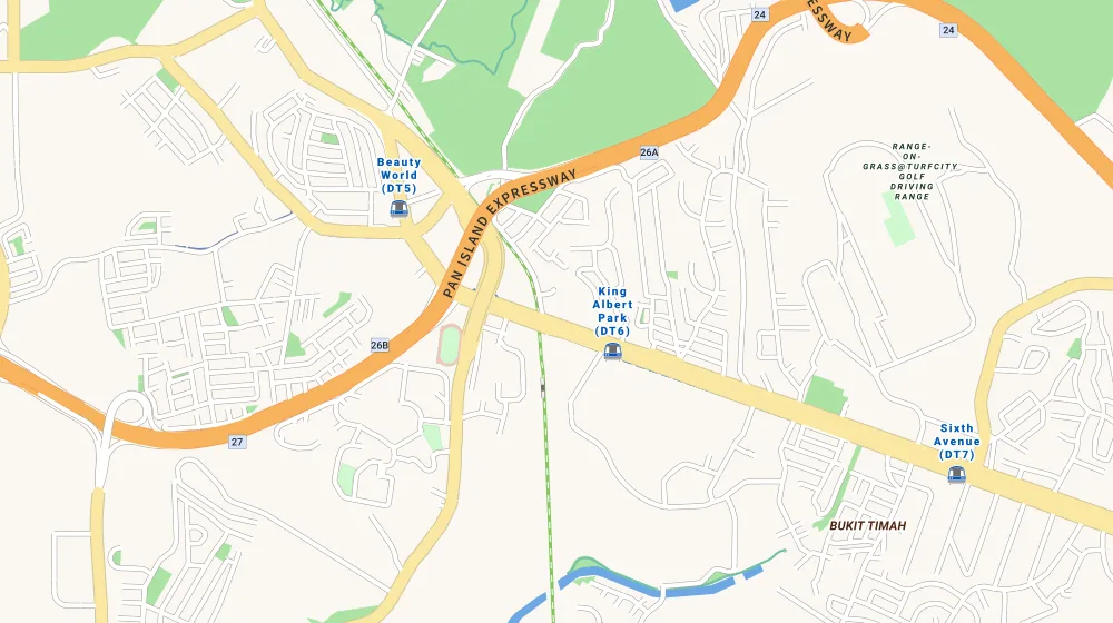Map of the area around Mayfair Modern in Upper Bukit Timah, showing 400 m and 1 km rings and 2 primary schools within 1 km