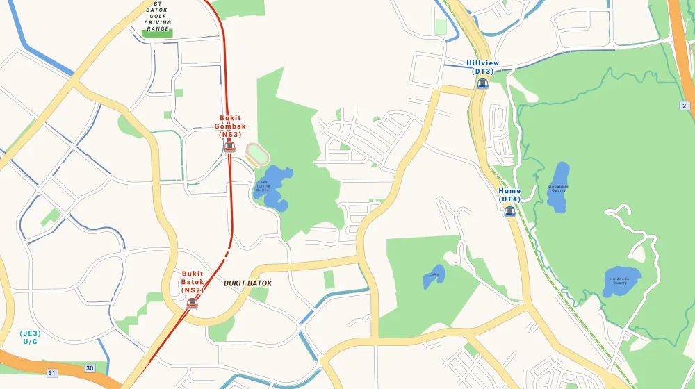 Map of the area around Merawoods in Bukit Batok, showing 400 m and 1 km rings and 1 primary school within 1 km