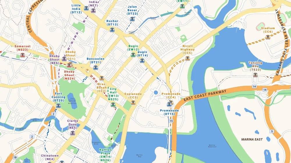 Map of the area around Midtown Bay in Bugis, showing 400 m and 1 km rings and 1 hawker centre within 1 km