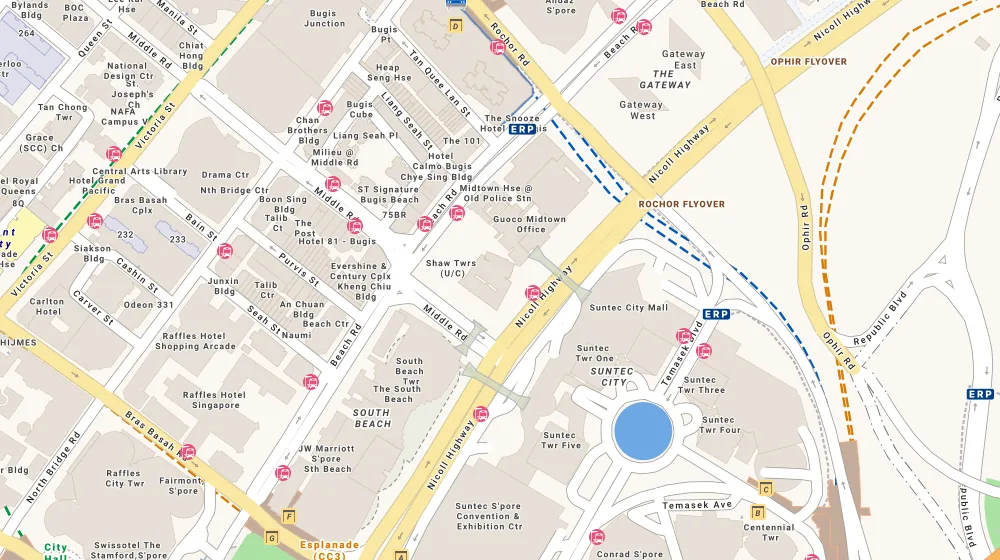Location map of Midtown Bay, an apartment in Bugis, Singapore, with the nearest condos numbered