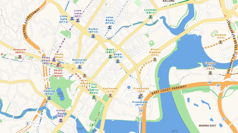 Map of the area around Midtown Modern in Bugis, showing 400 m and 1 km rings and 3 hawker centres within 1 km