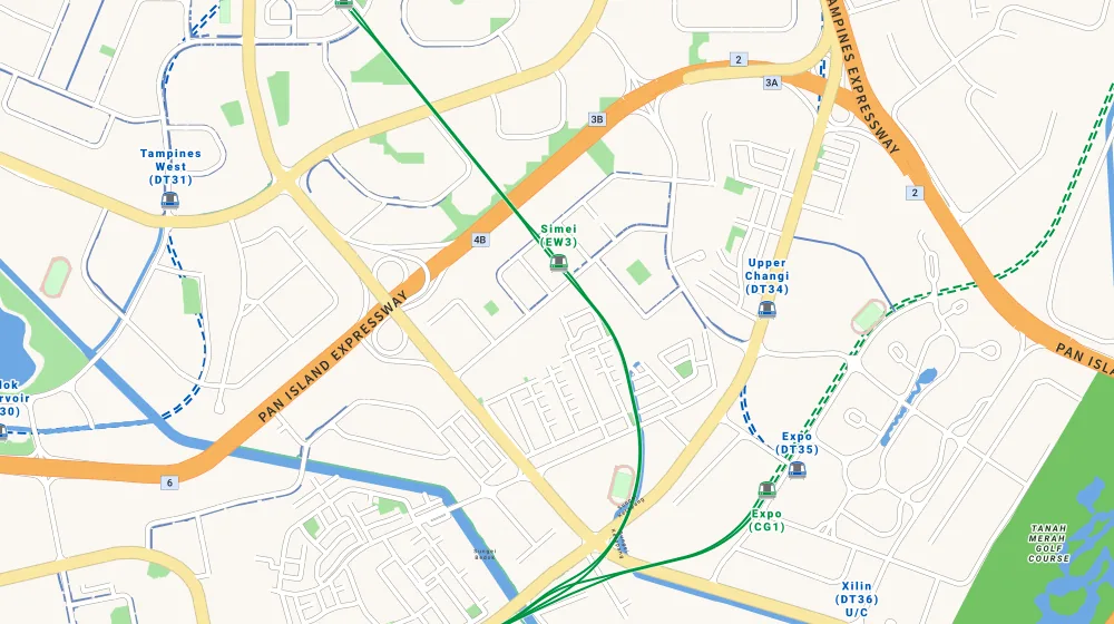 Map of the area around My Manhattan in Tampines, showing 400 m and 1 km rings and 1 primary school within 1 km