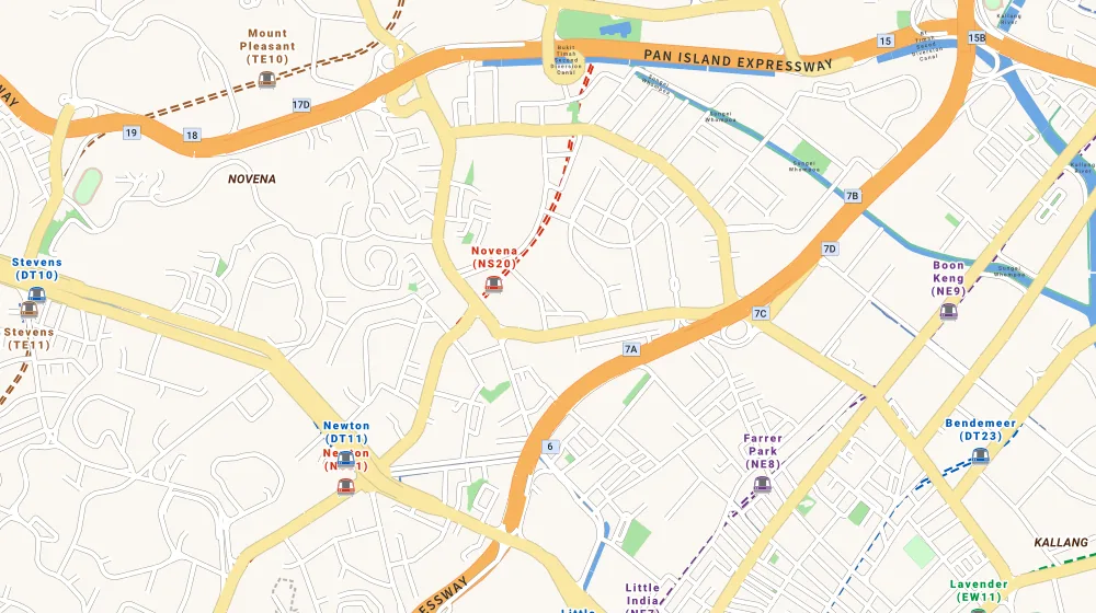 Map of the area around Neu At Novena in Novena, showing 400 m and 1 km rings and 2 primary schools within 1 km