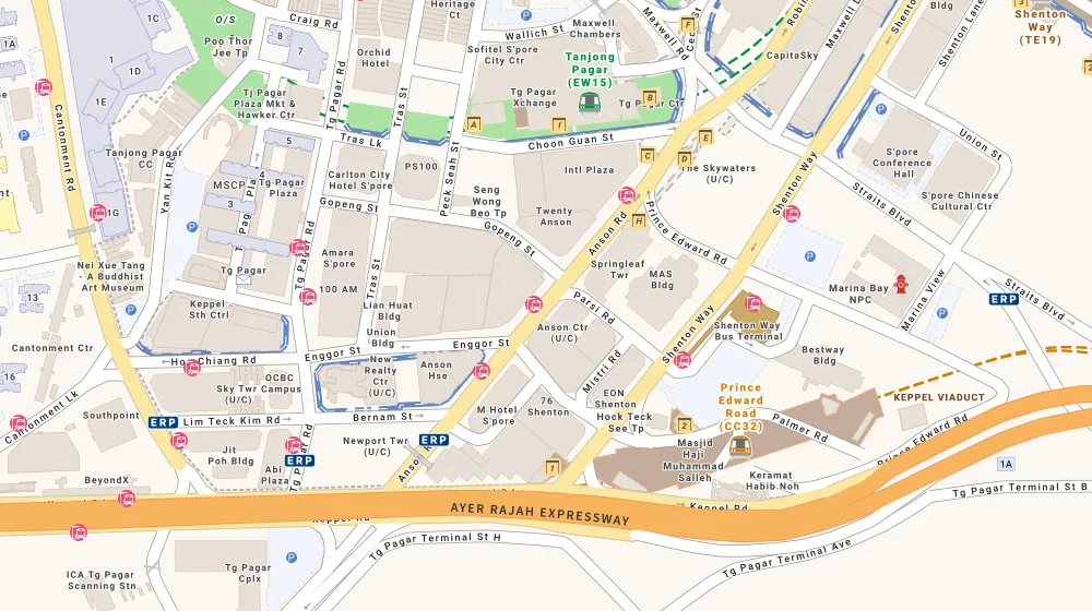 Location map of Newport Residences, a condominium in Tanjong Pagar, Singapore, with the nearest condos numbered