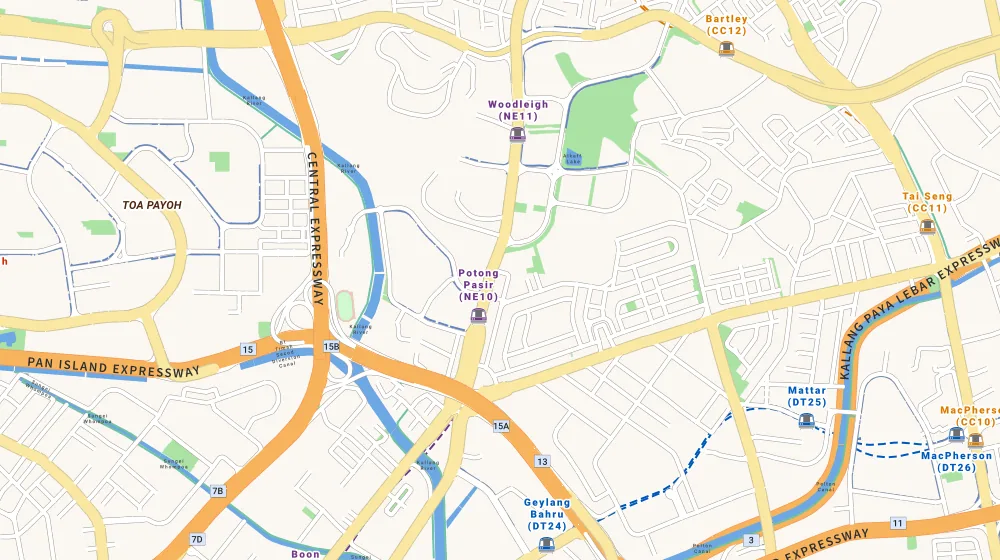 Map of the area around Nin Residence in Macpherson, showing 400 m and 1 km rings and 2 primary schools within 1 km