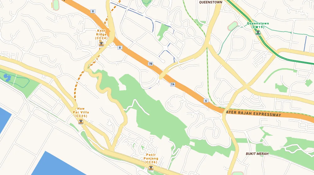 Map of the area around Normanton Park in Clementi, showing 400 m and 1 km rings and 4 parks within 1 km