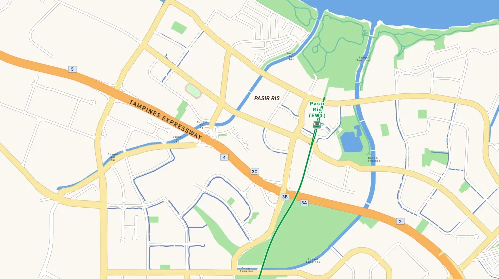 Map of the area around Nv Residences in Tampines, showing 400 m and 1 km rings and 2 primary schools within 1 km