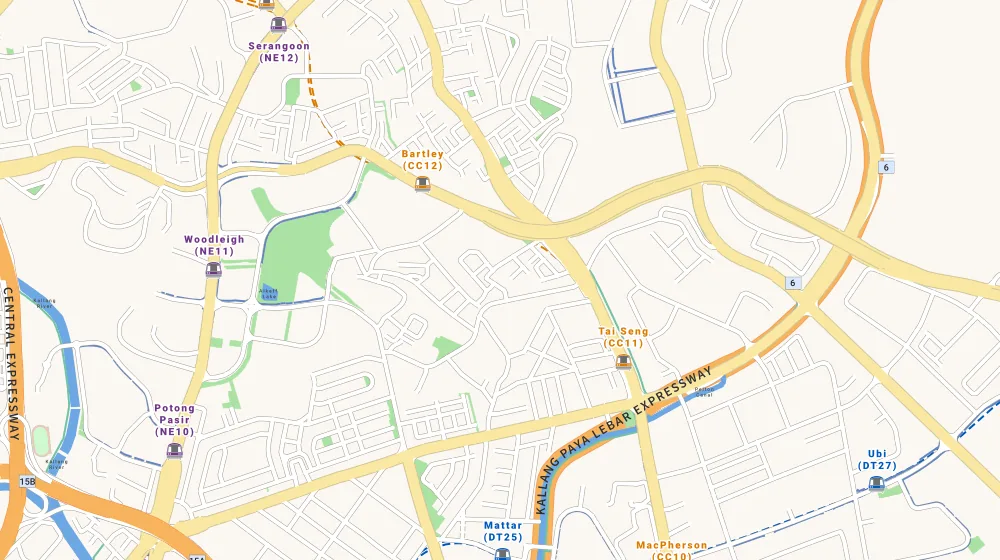 Map of the area around Oasis Garden in Serangoon, showing 400 m and 1 km rings and 1 primary school within 1 km