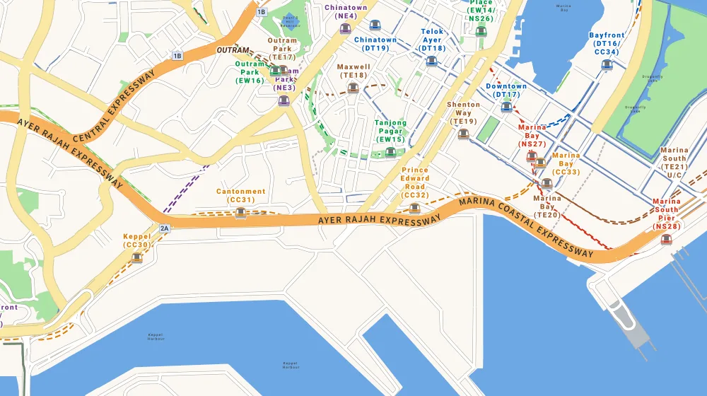 Map of the area around One Bernam in Tanjong Pagar, showing 400 m and 1 km rings and 1 primary school within 1 km