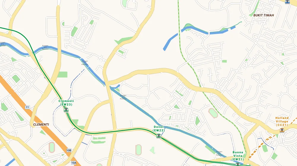 Map of the area around Pandan Valley in Upper Bukit Timah, showing 400 m and 1 km rings and 1 primary school within 1 km