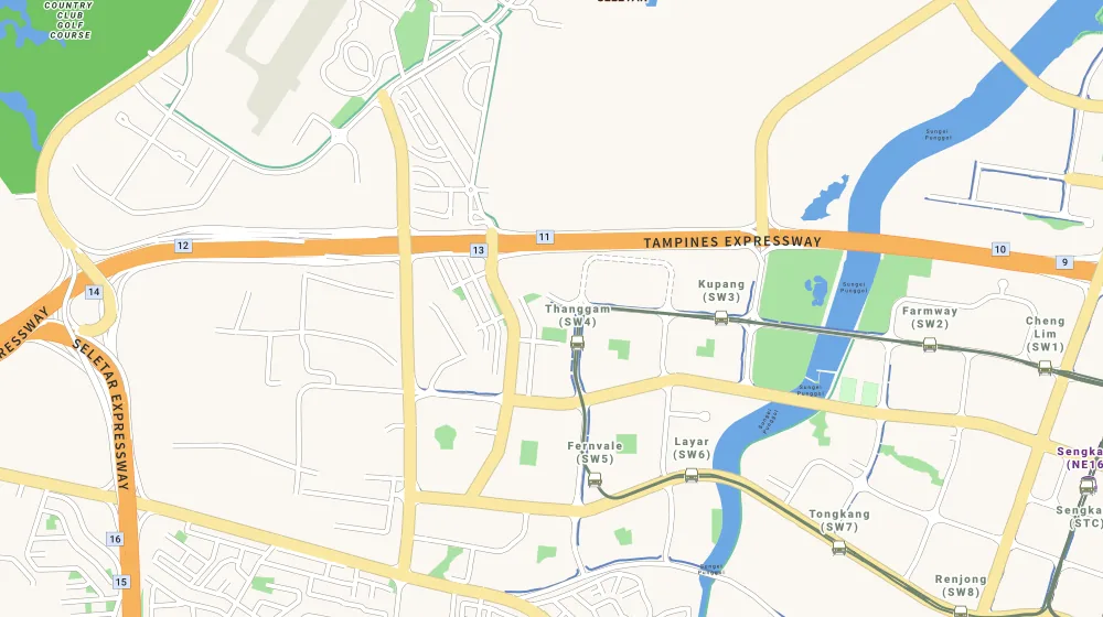 Map of the area around Parc Botannia in Seletar, showing 400 m and 1 km rings and 3 primary schools within 1 km