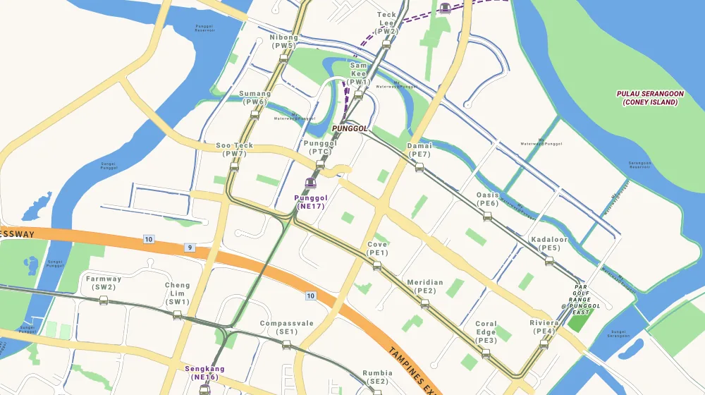 Map of the area around Parc Centros in Serangoon, showing 400 m and 1 km rings and 5 primary schools within 1 km