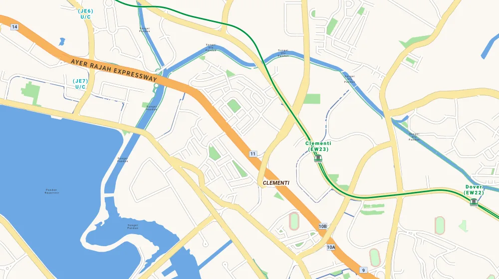Map of the area around Parc Clematis in Clementi, showing 400 m and 1 km rings and 4 primary schools within 1 km