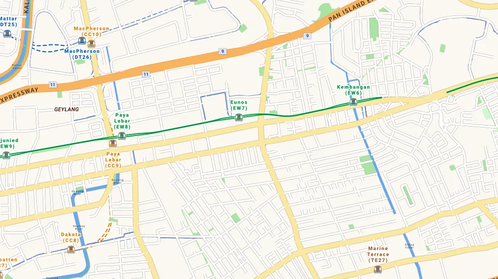 Map of the area around Parc Esta in Eunos, showing 400 m and 1 km rings and 1 primary school within 1 km