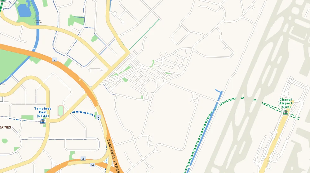 Map of the area around Parc Komo in Changi, showing 400 m and 1 km rings and 3 supermarkets within 1 km