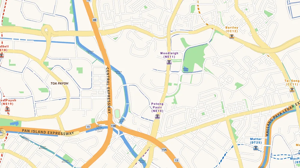 Map of the area around Parc Mondrian in Macpherson, showing 400 m and 1 km rings and 2 primary schools within 1 km