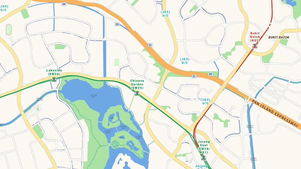 Map of the area around Parc Oasis in Jurong, showing 400 m and 1 km rings and 4 primary schools within 1 km