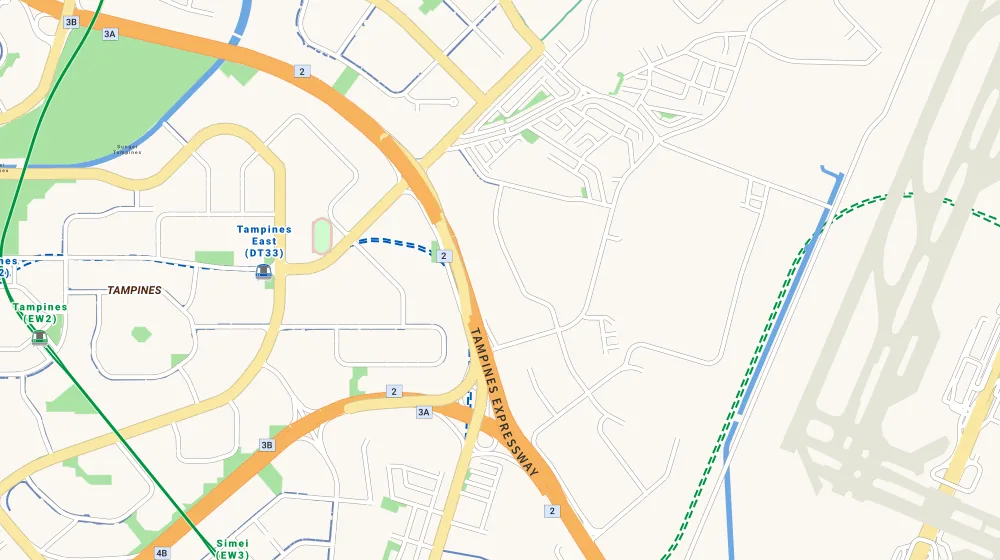 Map of the area around Parc Olympia in Changi, showing 400 m and 1 km rings and 1 primary school within 1 km