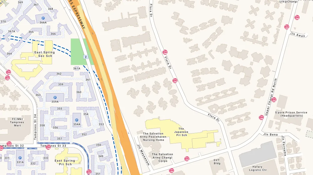 Location map of Parc Olympia, a condominium in Changi, Singapore, with the nearest condos numbered