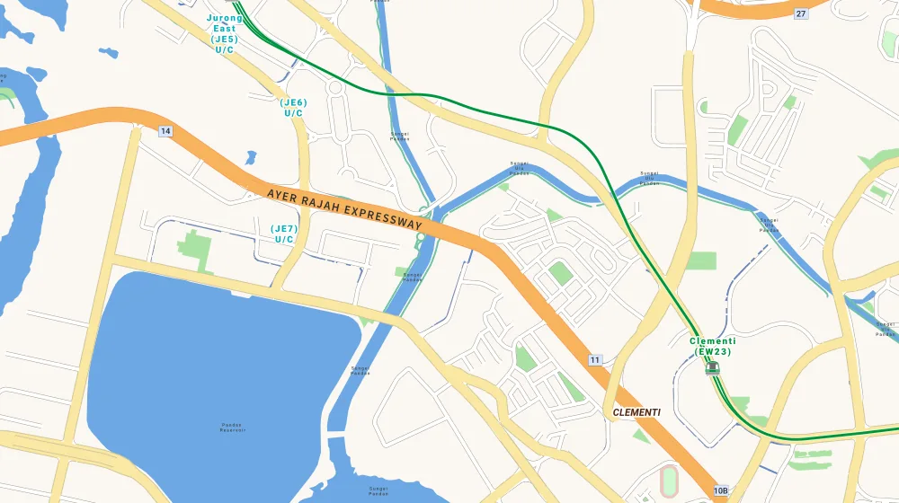 Map of the area around Parc Riviera in Clementi, showing 400 m and 1 km rings and 2 primary schools within 1 km