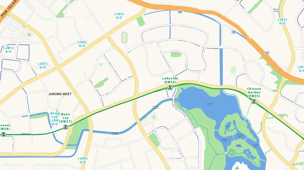 Map of the area around Parc Vista in Jurong, showing 400 m and 1 km rings and 4 primary schools within 1 km