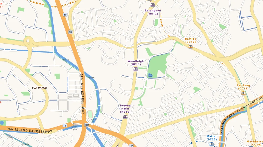 Map of the area around Park Colonial in Macpherson, showing 400 m and 1 km rings and 2 primary schools within 1 km