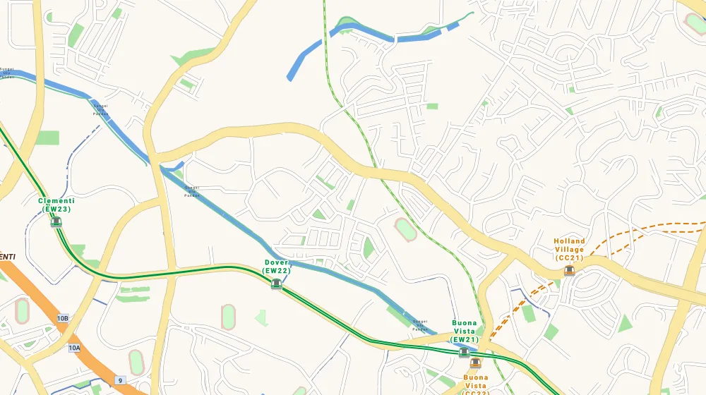 Map of the area around Parksuites in Bukit Timah, showing 400 m and 1 km rings and 1 primary school within 1 km