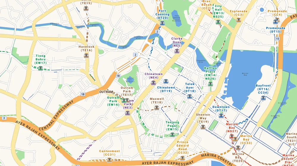 Map of the area around People'S Park Complex in Raffles Place, showing 400 m and 1 km rings and 8 hawker centres within 1 km