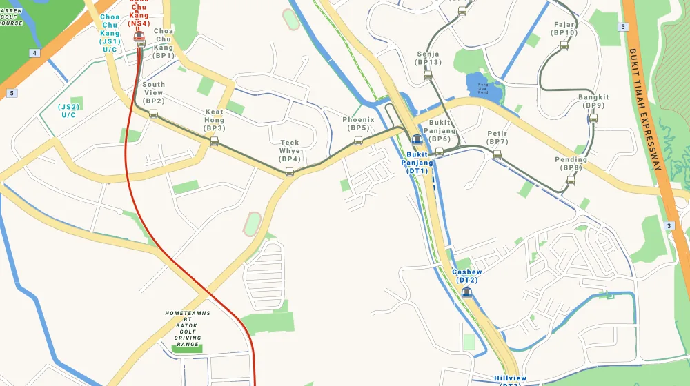 Map of the area around Phoenix Residences in Bukit Batok, showing 400 m and 1 km rings and 1 primary school within 1 km