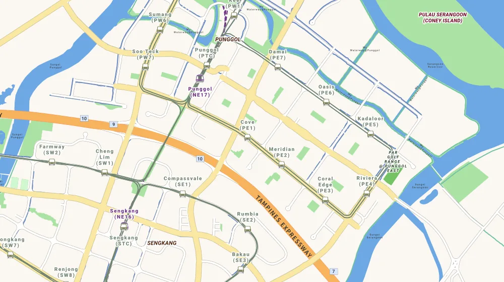Map of the area around Prive in Serangoon, showing 400 m and 1 km rings and 8 primary schools within 1 km