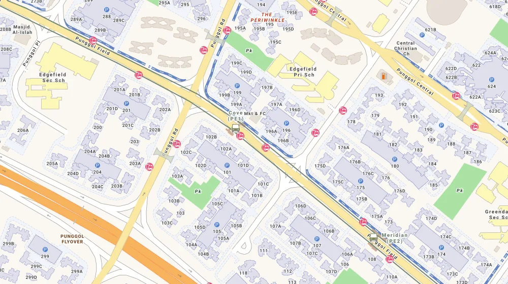 Location map of Prive, an executive condominium in Serangoon, Singapore, with the nearest condos numbered