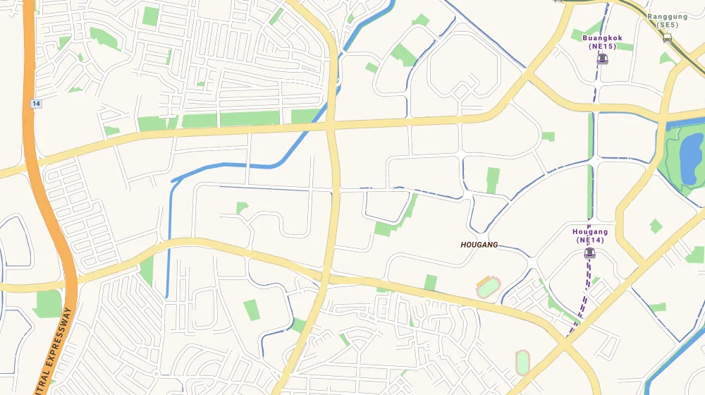Map of the area around Regentville in Serangoon, showing 400 m and 1 km rings and 4 primary schools within 1 km