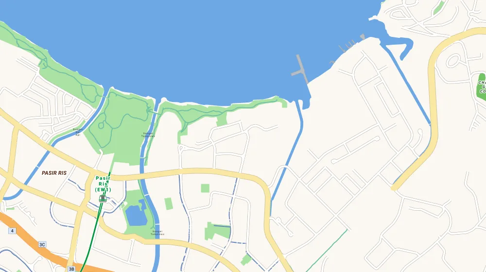 Map of the area around Ripple Bay in Tampines, showing 400 m and 1 km rings and 2 primary schools within 1 km