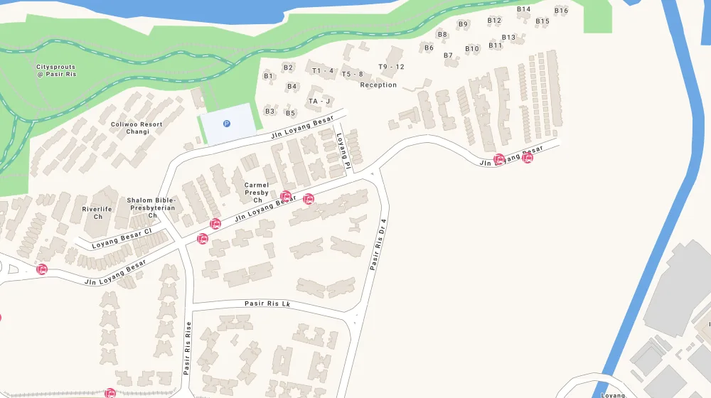 Location map of Ripple Bay, a condominium in Tampines, Singapore, with the nearest condos numbered