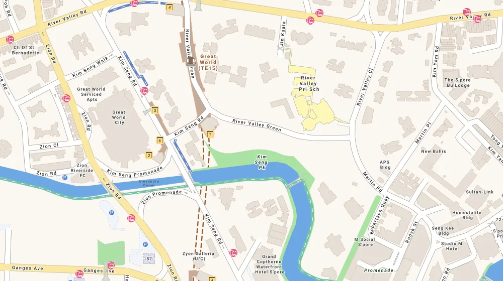 Location map of River Modern, a condominium in Orchard, Singapore, with the nearest condos numbered