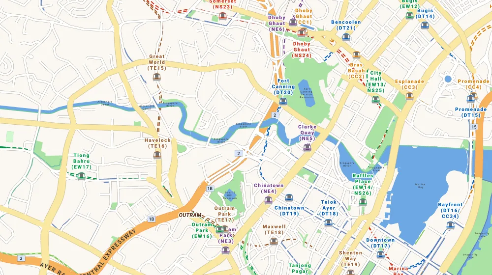 Map of the area around River Place in Tiong Bahru, showing 400 m and 1 km rings and 1 primary school within 1 km
