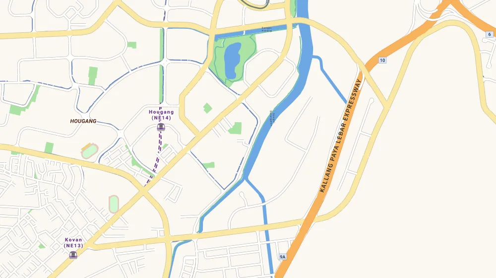 Map of the area around Riverfront Residences in Serangoon, showing 400 m and 1 km rings and 2 primary schools within 1 km