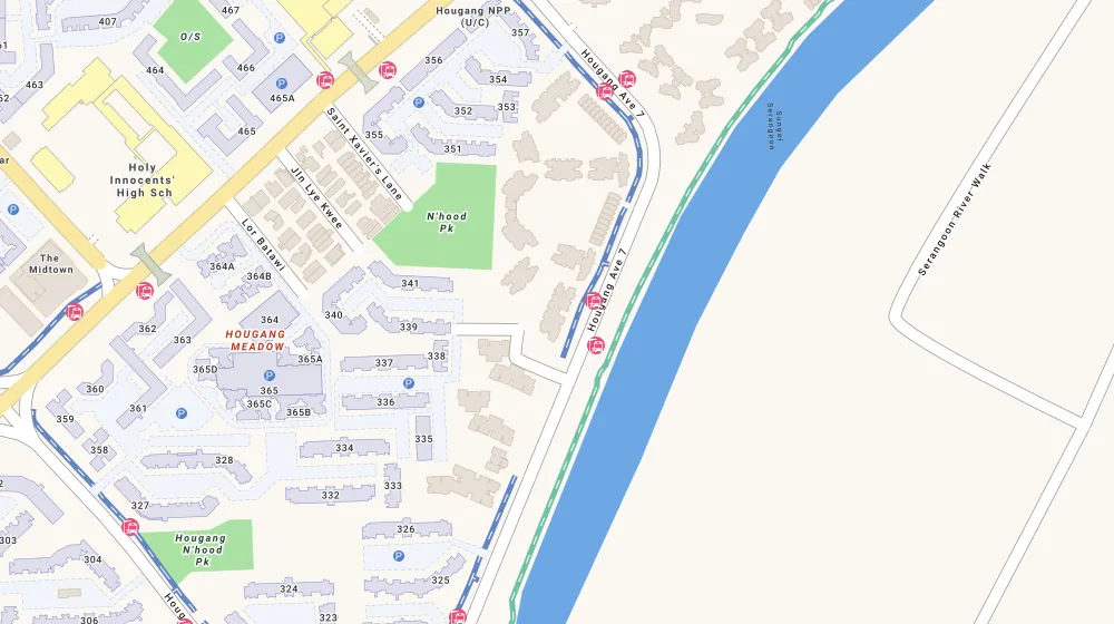 Location map of Riverfront Residences, an apartment in Serangoon, Singapore, with the nearest condos numbered
